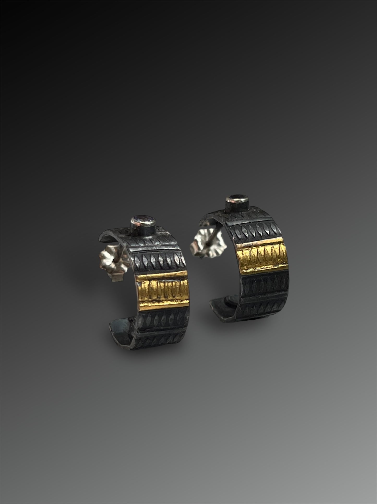 Tanzanite and Keum-Boo Textured Hoop Post Earrings, Artisanal Silver Jewelry, Slow-Made Goods, Art Jewelry, Hand Fabricated Handmade Metalwork