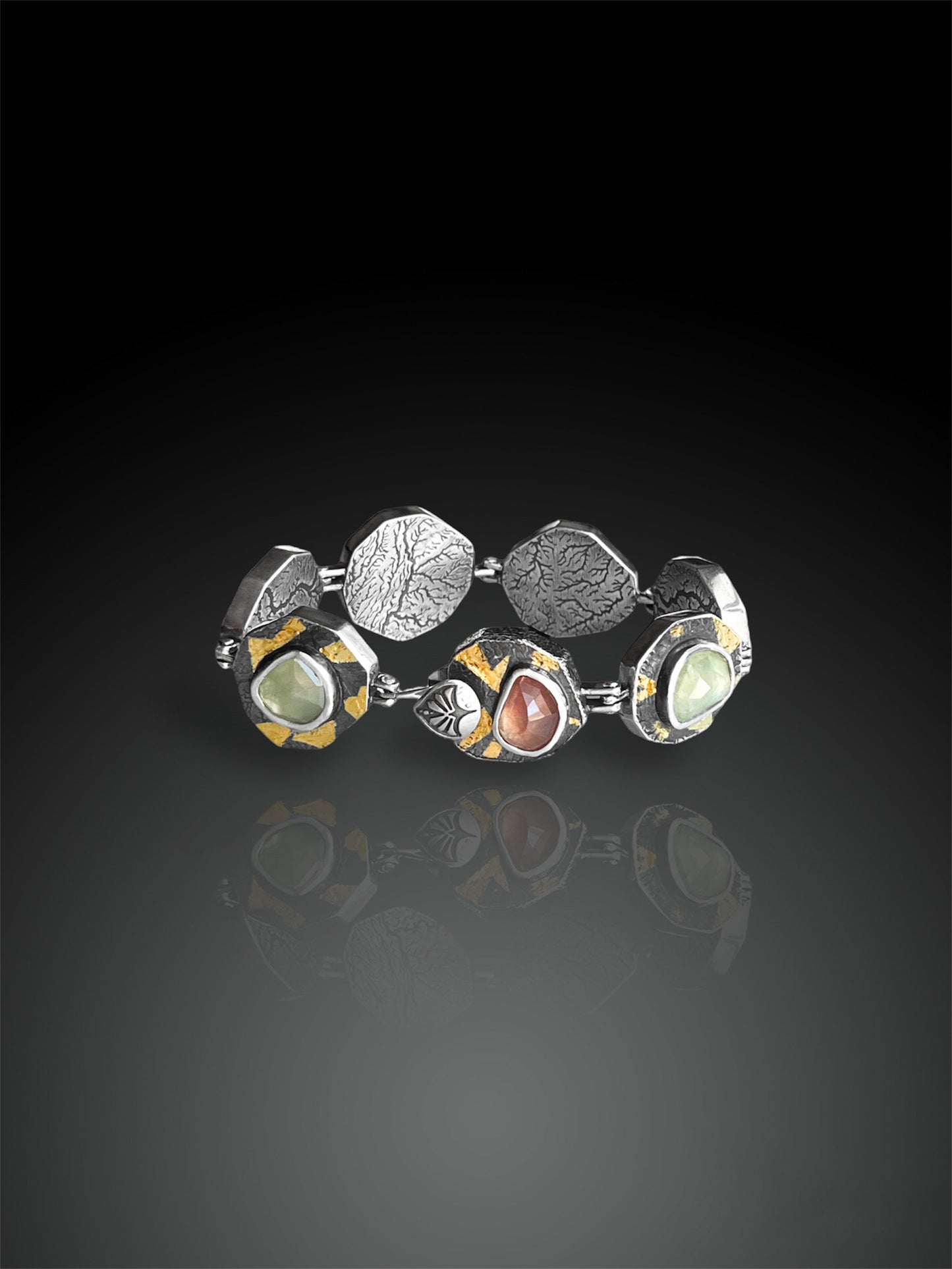 Hinged Hollow Form Link Bracelet with Sapphires and 24k Gold Keum-Boo, Artisanal Silver Jewelry, Slow-Made Goods, Art Jewelry, Hand Fabricated Handmade Metalwork