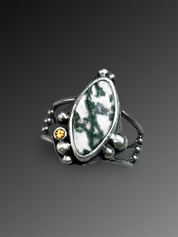 Artist-cut White Moss Agate Ring with Yellow Garnet, size 8