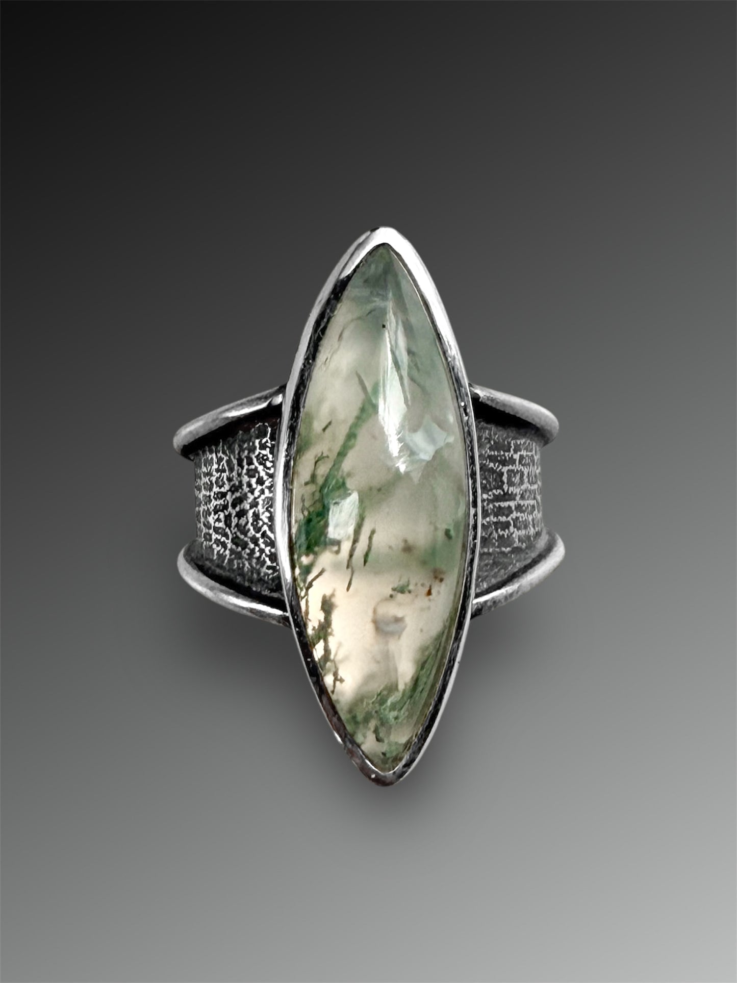 Moss Agate Ring with Heavy Flared Band, Size 7.75