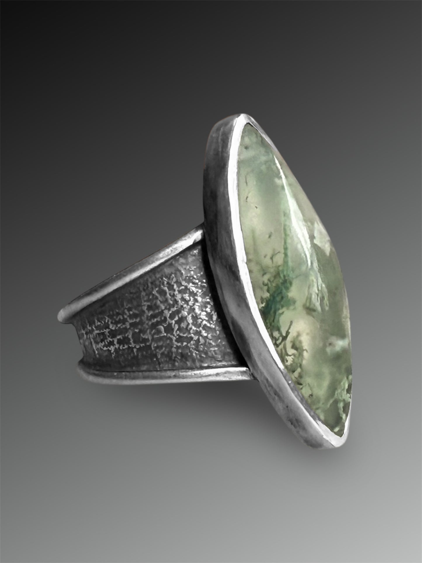 Moss Agate Ring with Heavy Flared Band, Size 7.75