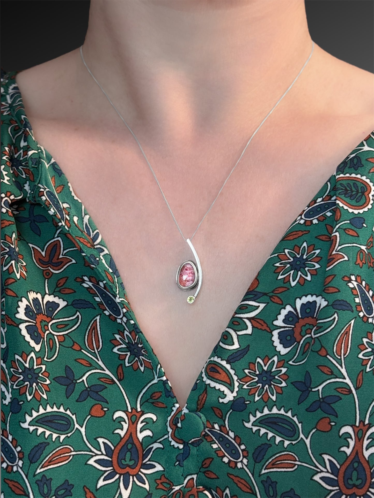 Crescent Curve Necklace with Strawberry Quartz and Peridot