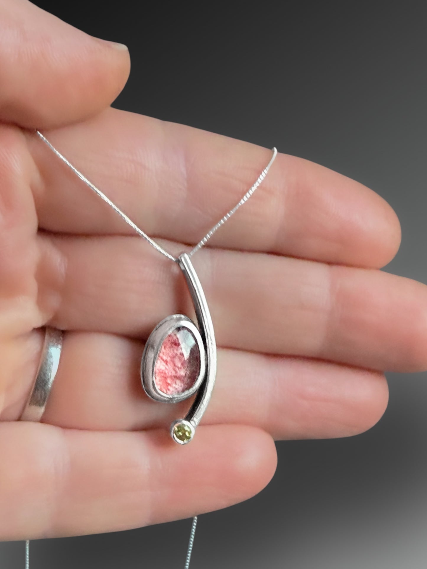 Crescent Curve Necklace with Strawberry Quartz and Peridot