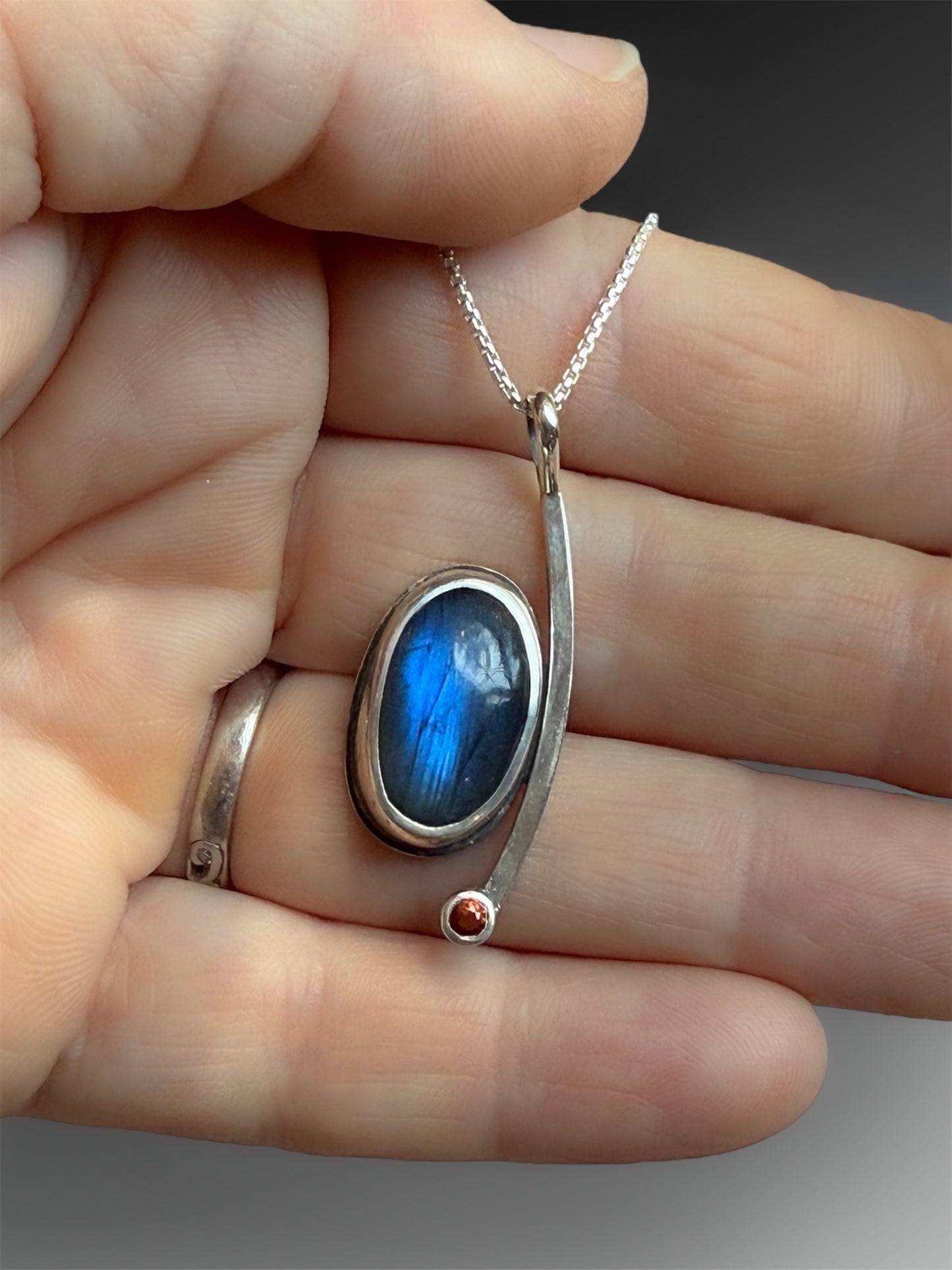 Crescent Curve Necklace with Labradorite and Orange Sapphire