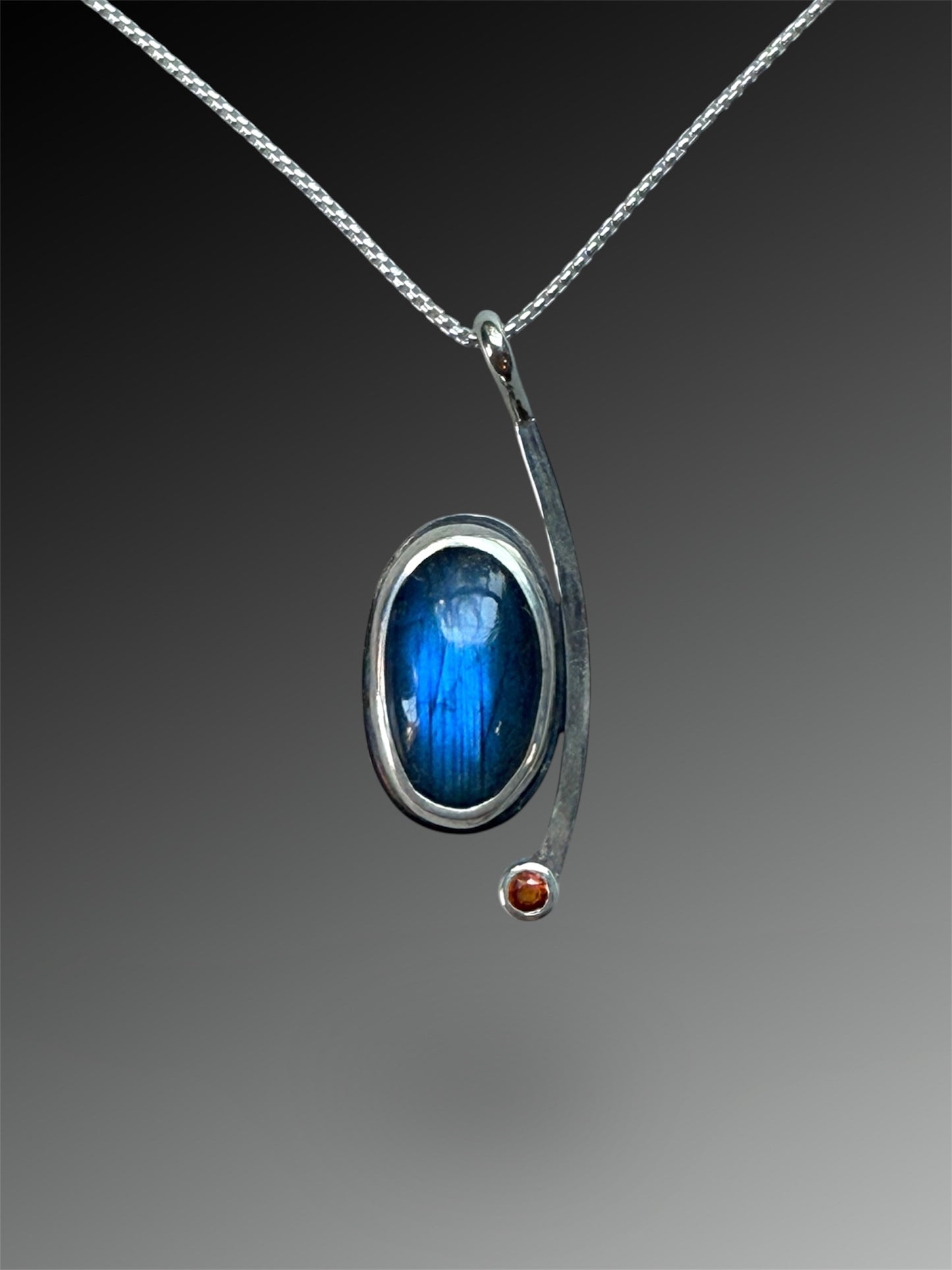 Crescent Curve Necklace with Labradorite and Orange Sapphire