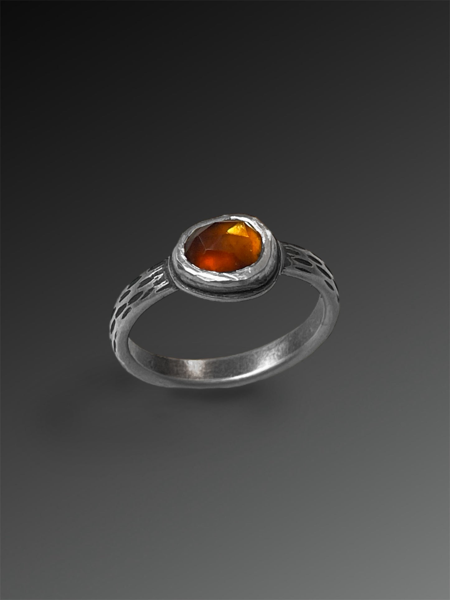 Spessartine Garnet Ring with Carved Band, Size 7 3/4, Artisanal Silver Jewelry, Slow-Made Goods, Art Jewelry, Hand Fabricated Handmade Metalwork