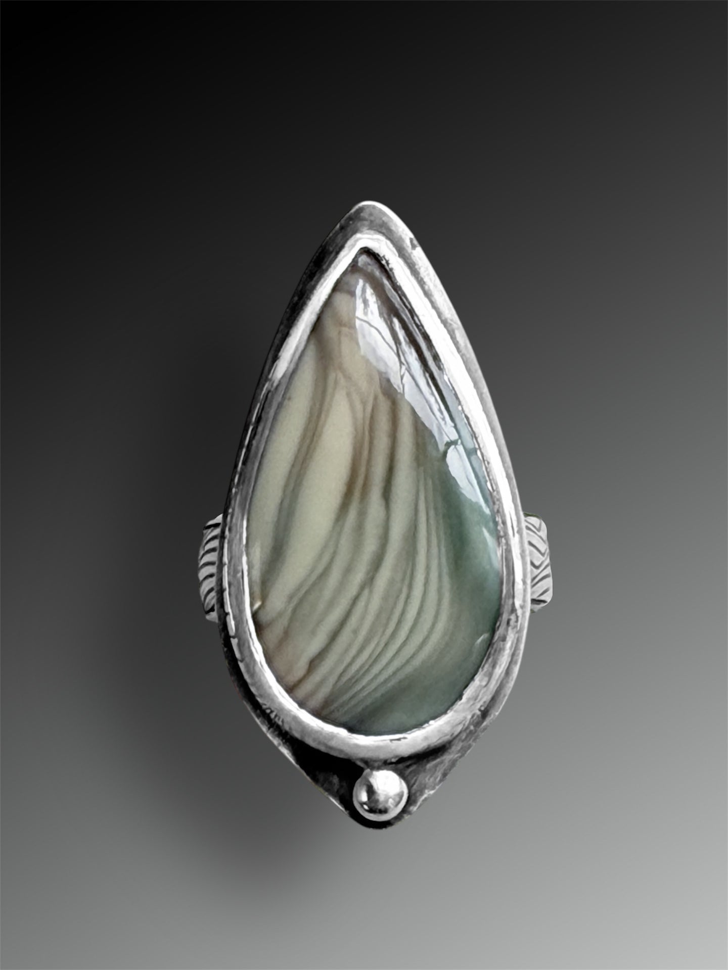 Imperial Jasper Ring with Patterned Band, Size 6.75, Artisanal Silver Jewelry, Slow-Made Goods, Art Jewelry, Hand Fabricated Handmade Metalwork