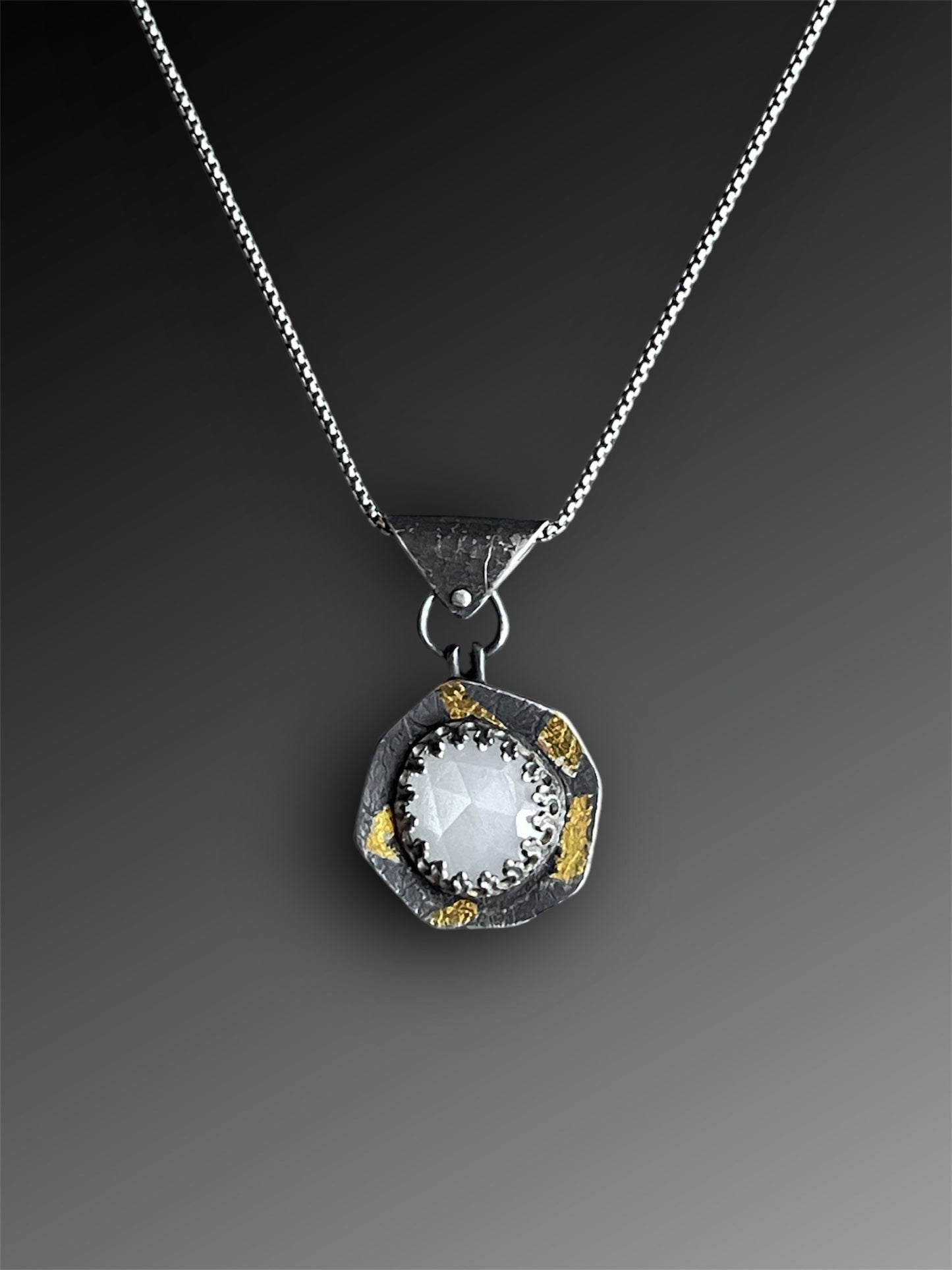 White Moonstone Hollow Form Pendant with Keum-Boo, Artisanal Silver Jewelry, Slow-Made Goods, Art Jewelry, Hand Fabricated Handmade Metalwork
