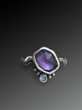 Rose-Cut Amethyst Ring with Blue Moonstone on Wave Band, size 9