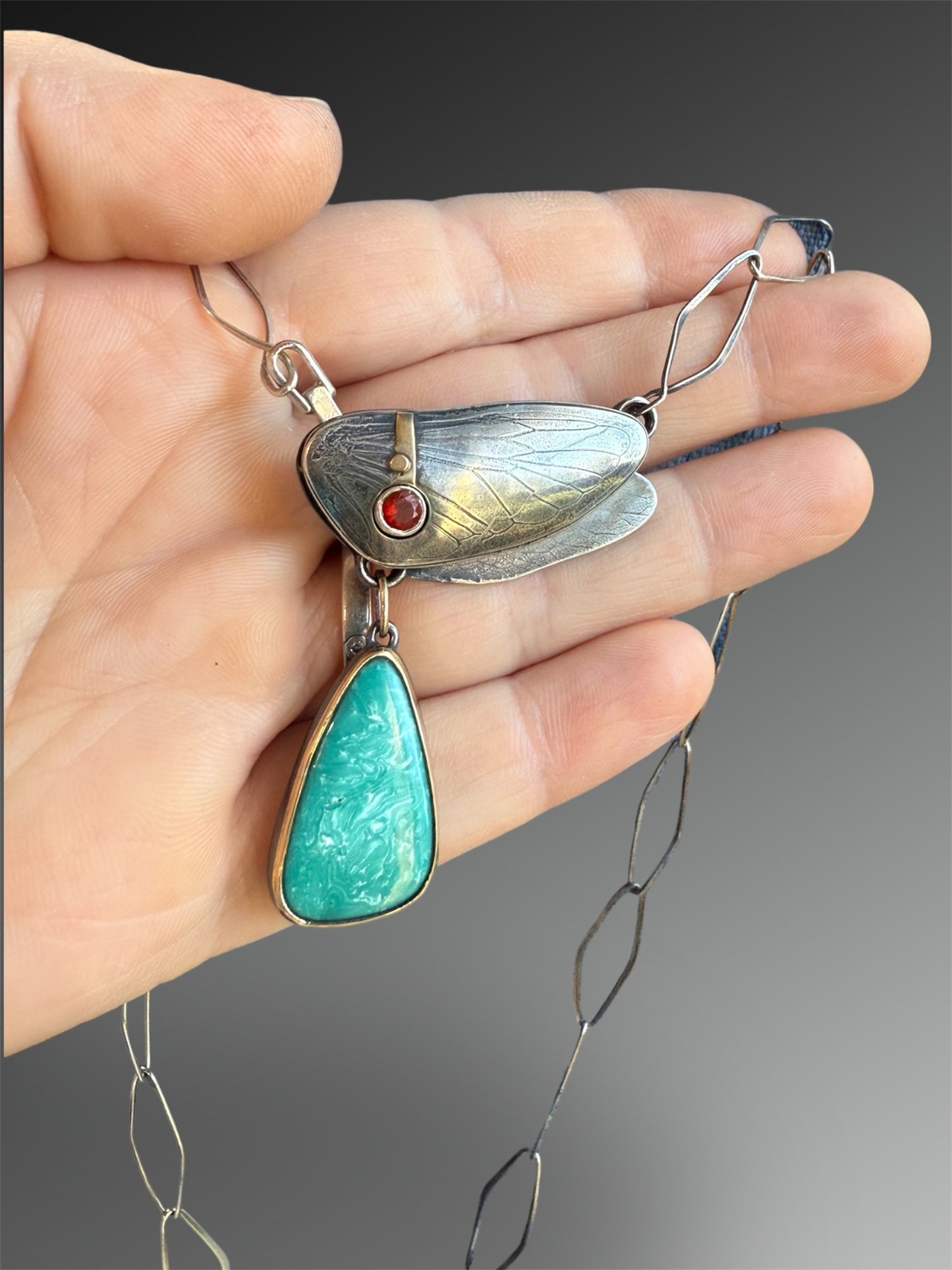 Turquoise and Fire Opal Key Clasp Necklace with Handmade Chain and 18k gold