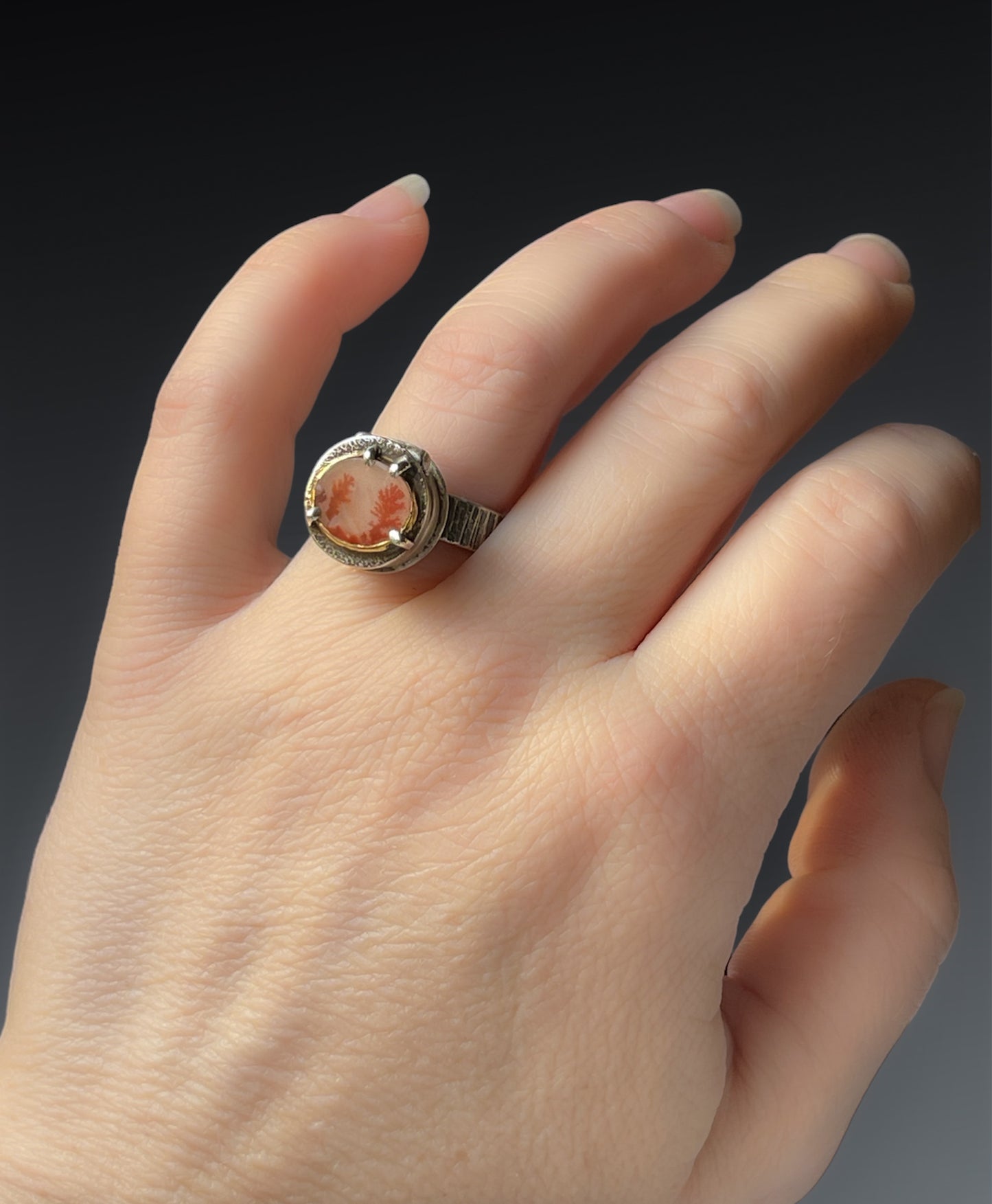 Adjustable Locket Ring with Orange Dendritic Agate and 18k Gold Bezel, Artisanal Silver Jewelry, Slow-Made Goods, Art Jewelry, Hand Fabricated Handmade Metalwork