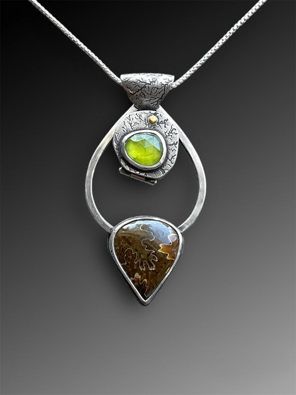 Vesuvianite, Suture Ammonite, Opal, Moonstone, and Garnet “Cusp of Autumn” Story Locket Pendant