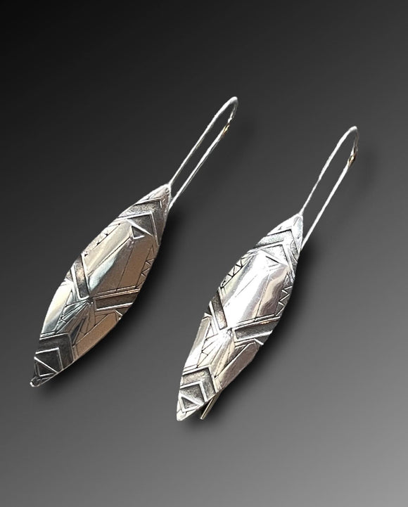 Art Deco Silver Curved Leaf Earrings