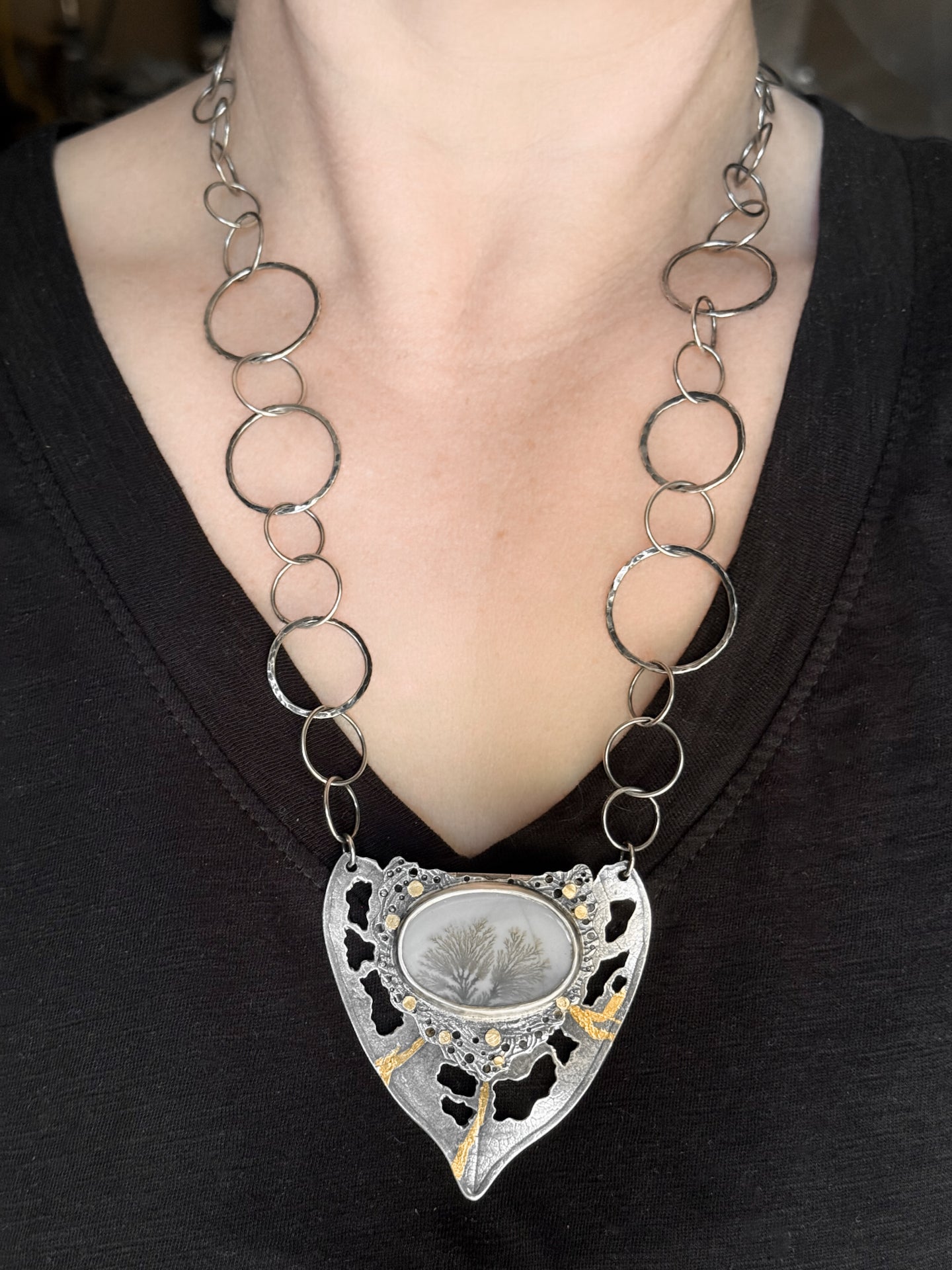 Dendritic Agate Locket Necklace with Keum-Boo