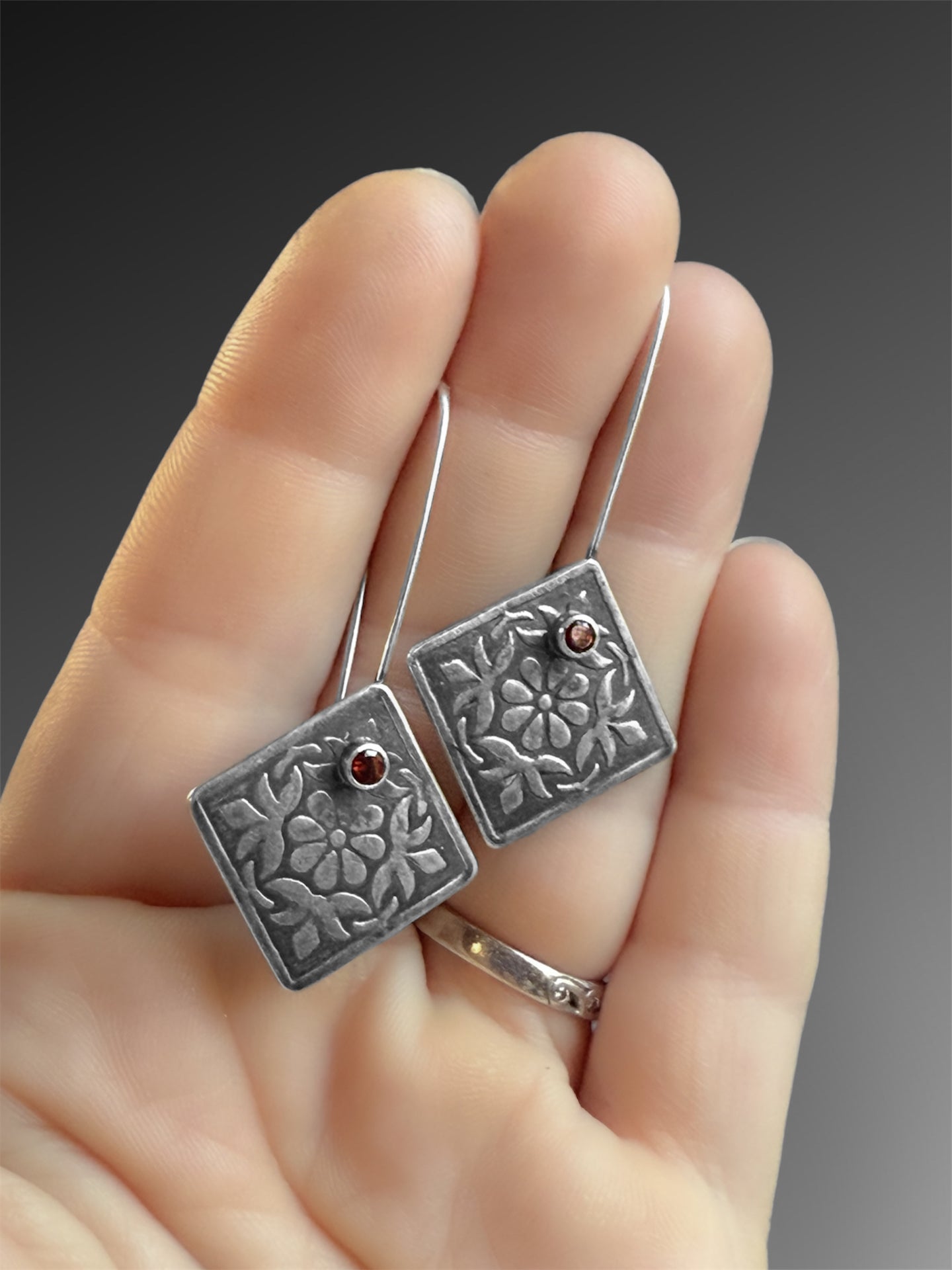 Sterling Silver Floral Tile Earrings with Garnet