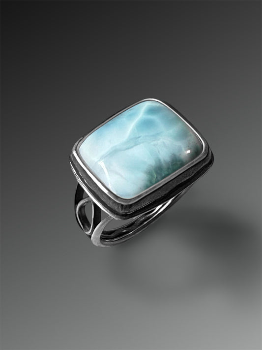 Larimar Ring on Split Band with Leaf Detail, Size 9 1/4