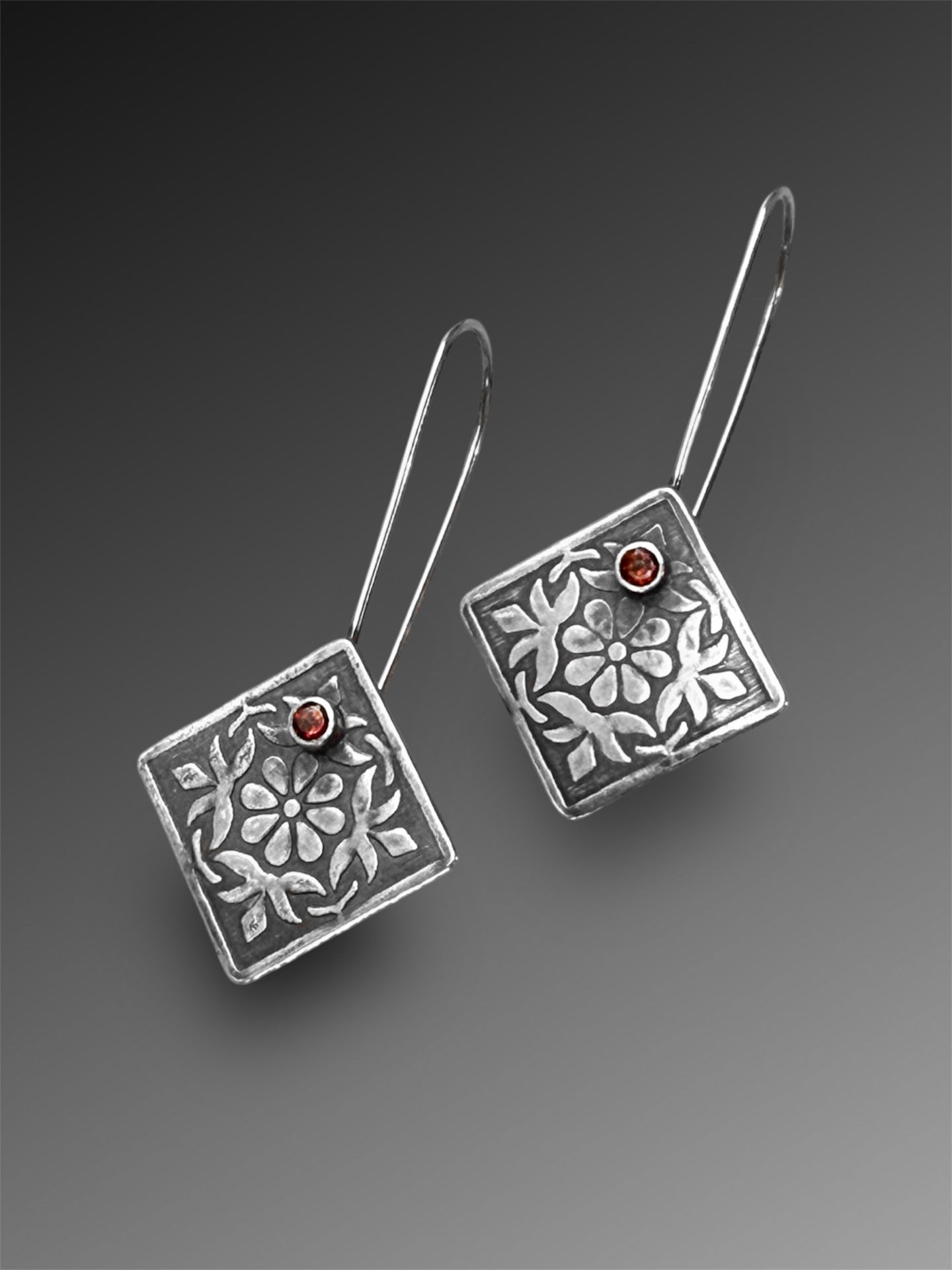 Sterling Silver Floral Tile Earrings with Garnet