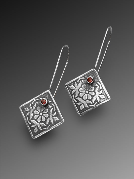 Sterling Silver Floral Tile Earrings with Garnet