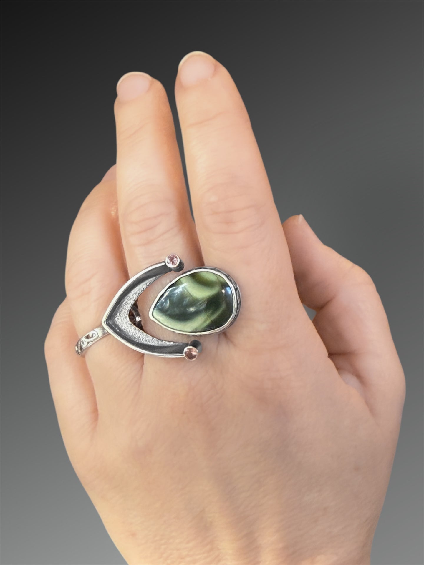 Gap Ring with Imperial Jasper and Tourmaline, Size 7.75-10