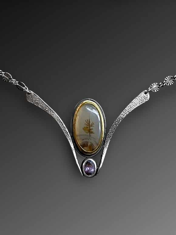 Dendritic Agate and Purple Spinel V Necklace