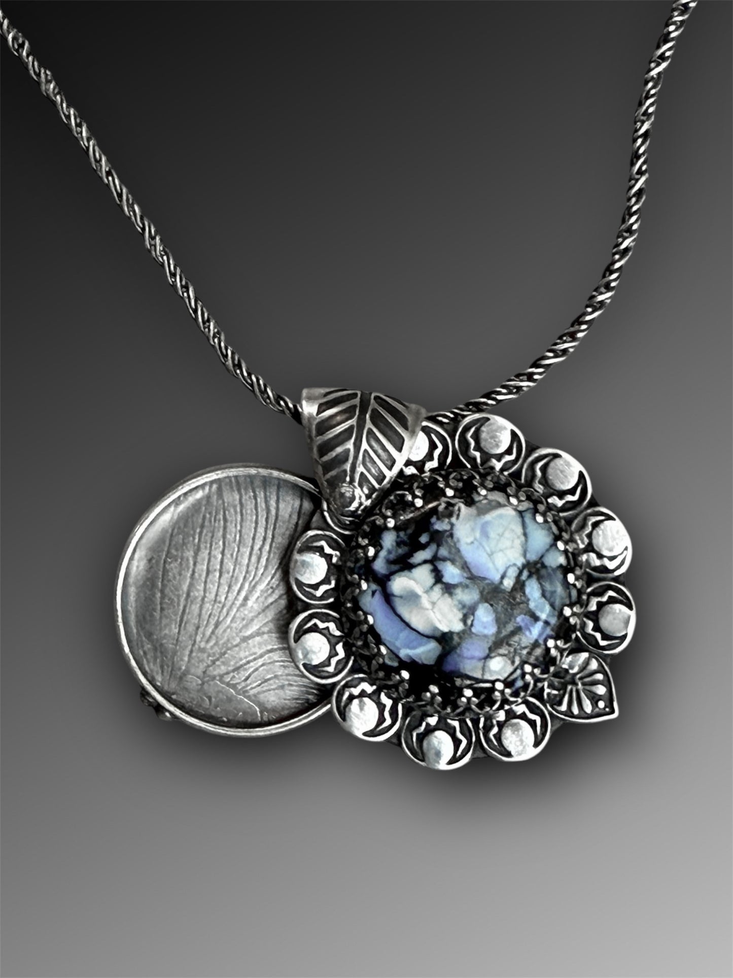 “Twilight Tree” Swivel Story Locket with White River Turquoise