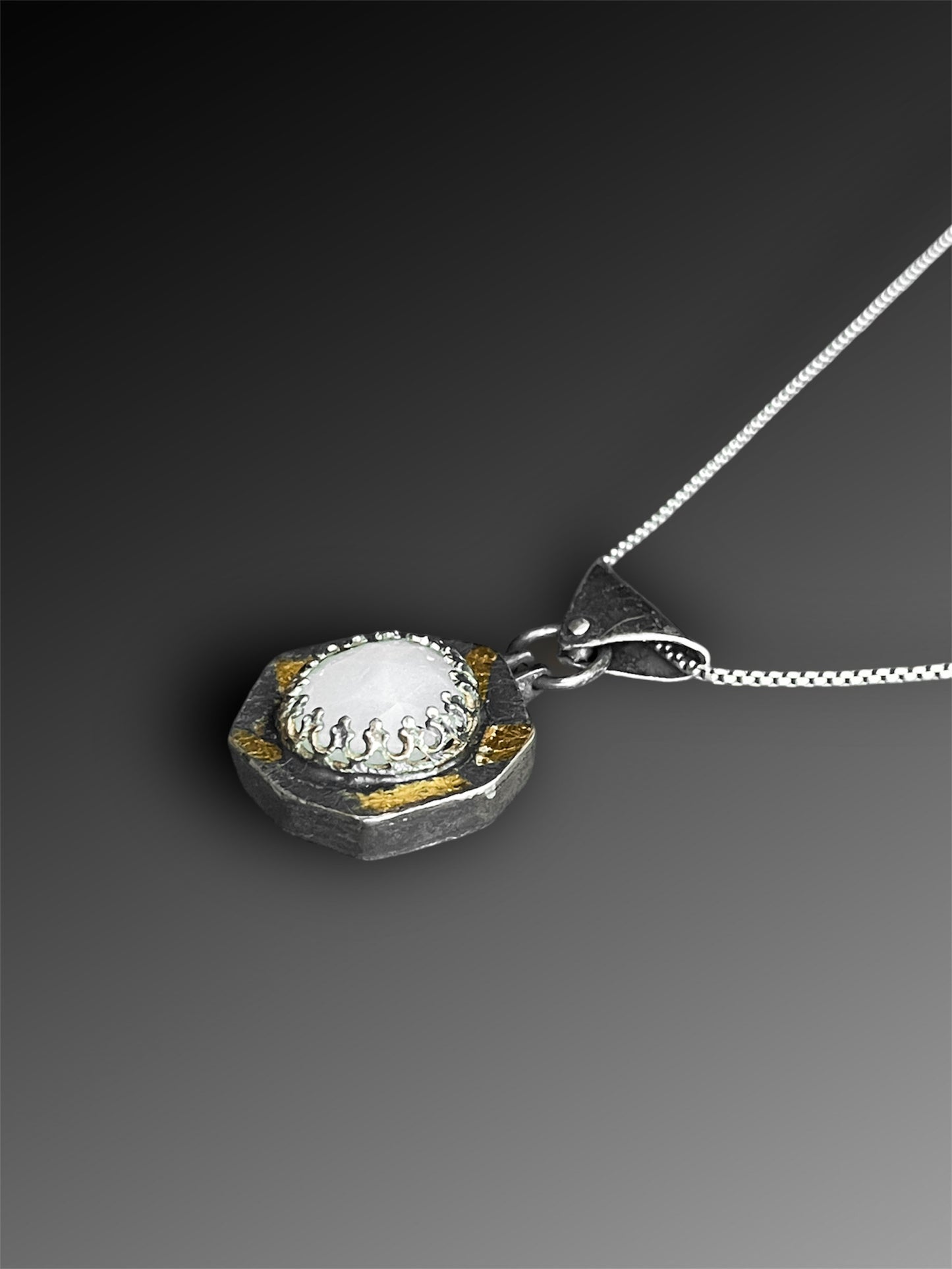 White Moonstone Hollow Form Pendant with Keum-Boo, Artisanal Silver Jewelry, Slow-Made Goods, Art Jewelry, Hand Fabricated Handmade Metalwork
