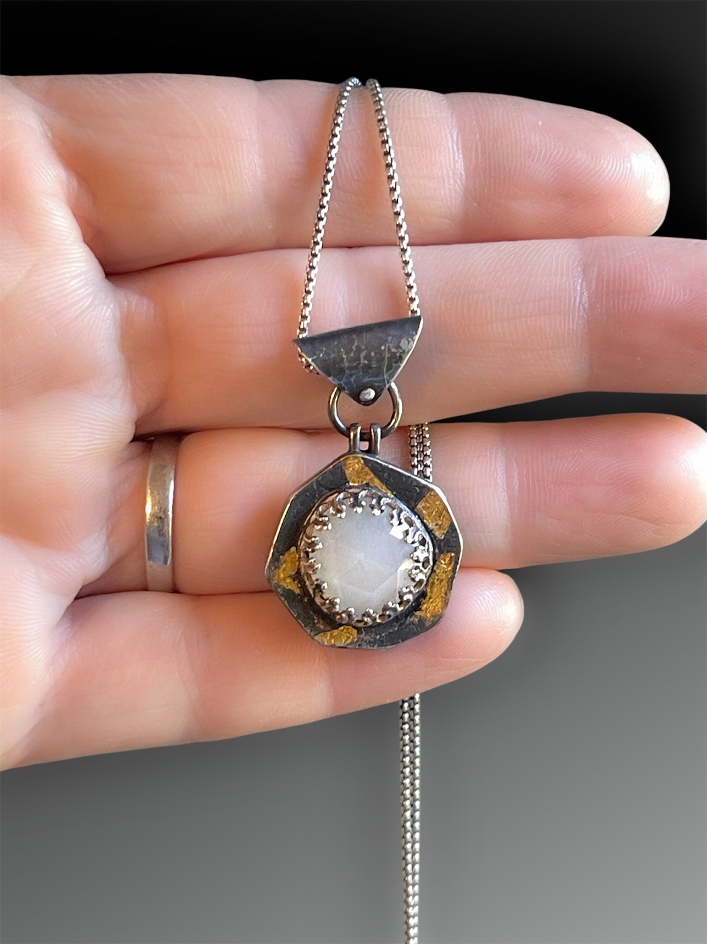 White Moonstone Hollow Form Pendant with Keum-Boo, Artisanal Silver Jewelry, Slow-Made Goods, Art Jewelry, Hand Fabricated Handmade Metalwork