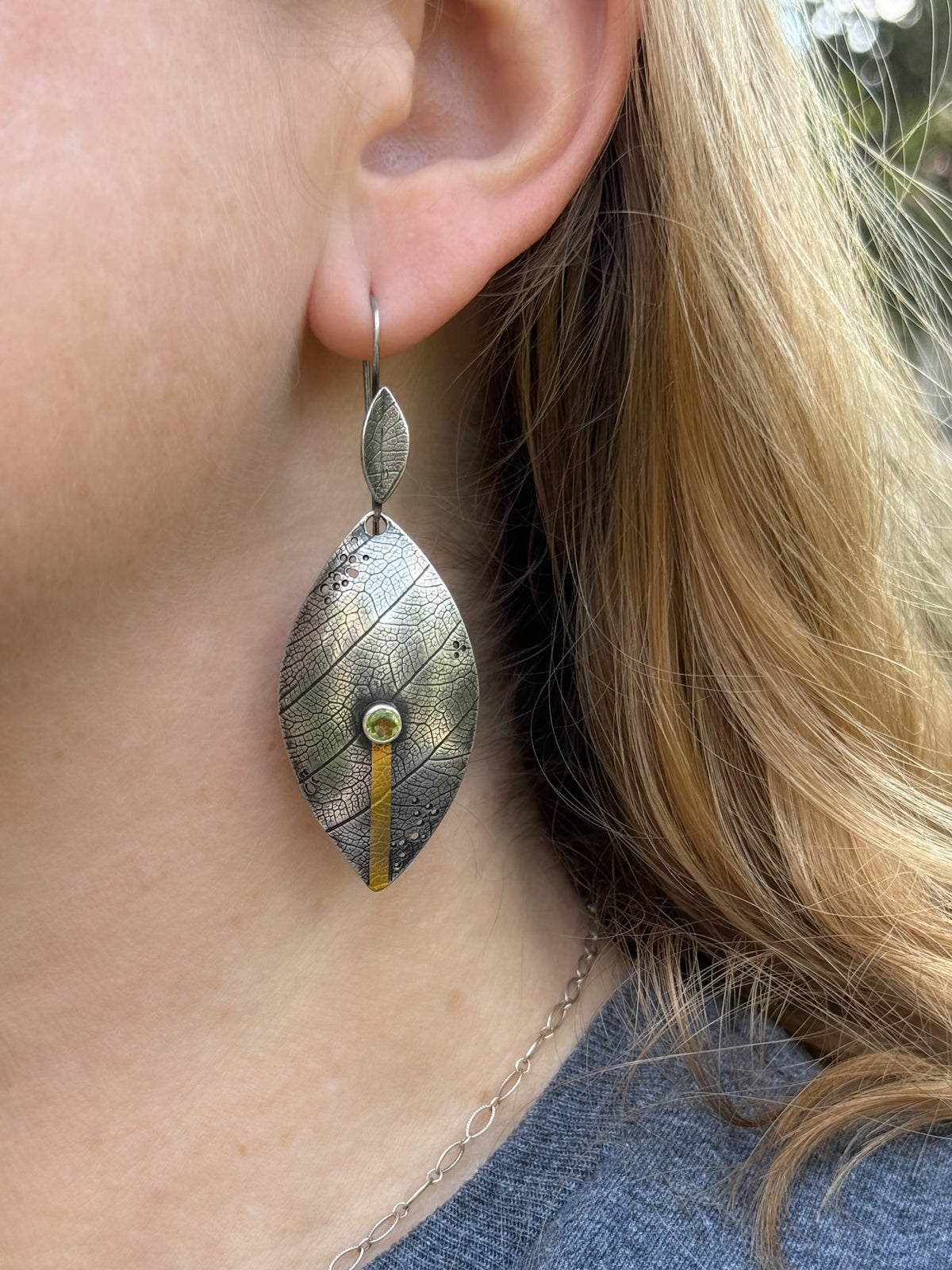 Reversible Carnelian and Peridot Domed Leaf Earrings