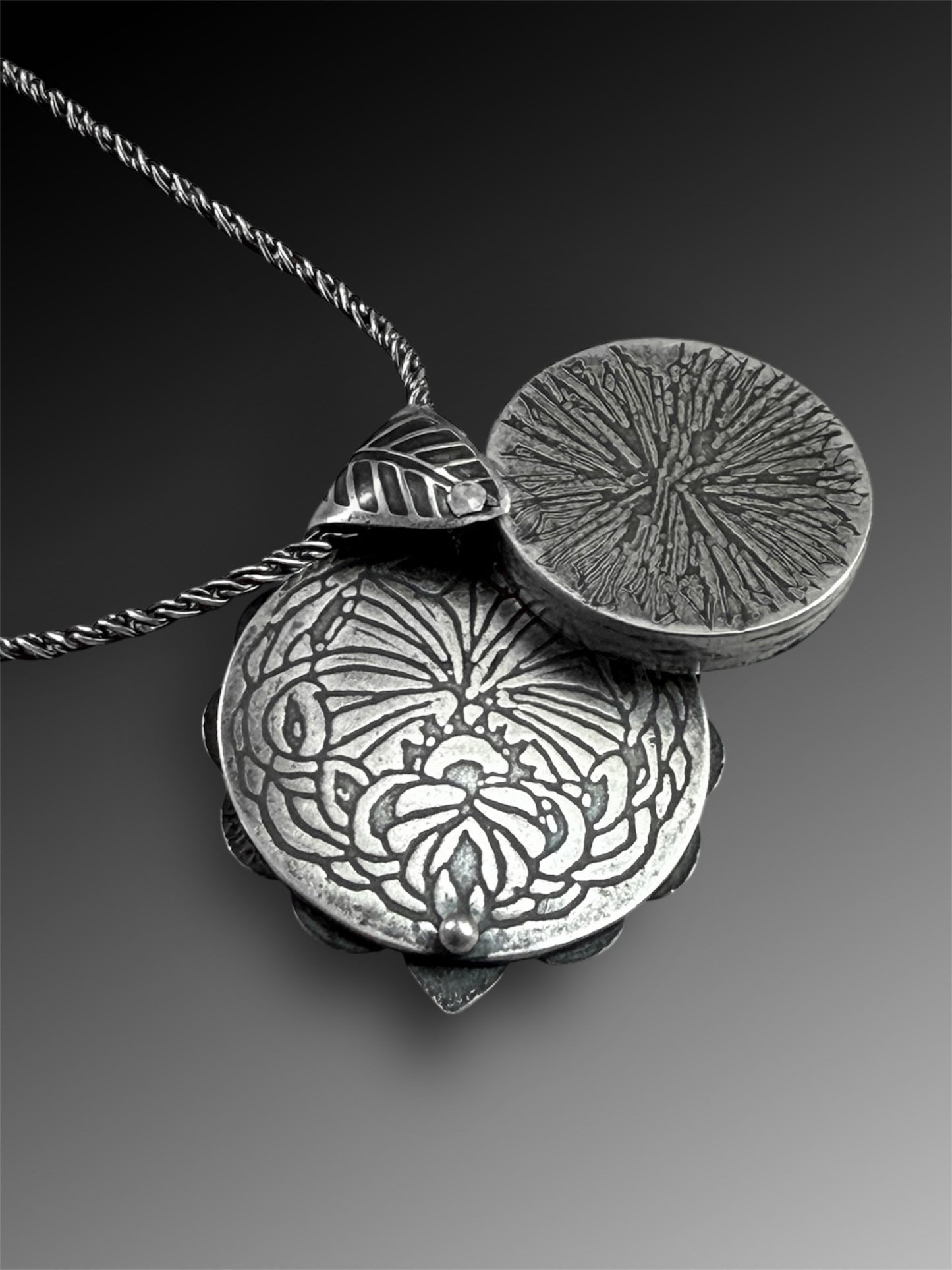 “Twilight Tree” Swivel Story Locket with White River Turquoise