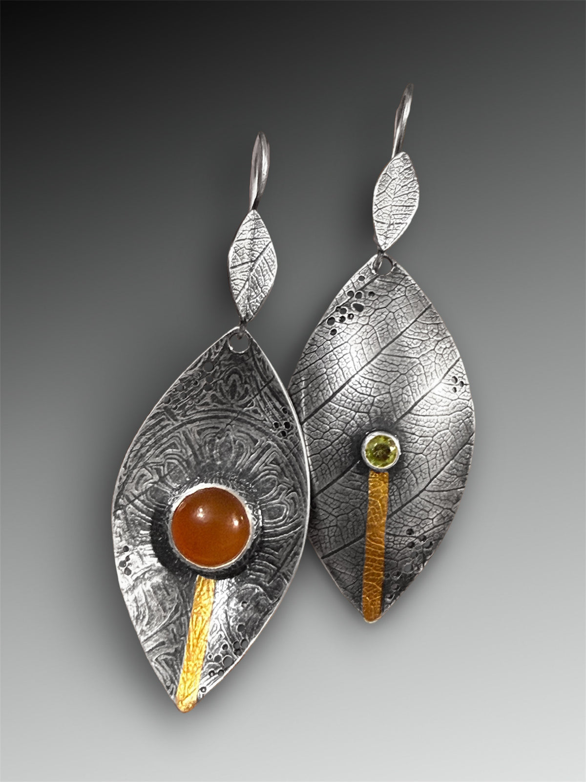Reversible Carnelian and Peridot Domed Leaf Earrings