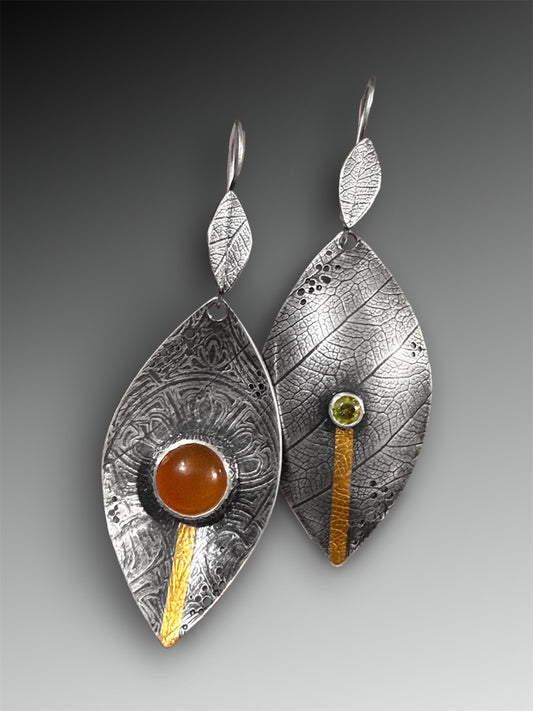 Reversible Carnelian and Peridot Domed Leaf Earrings