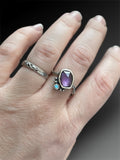 Rose-Cut Amethyst Ring with Blue Moonstone on Wave Band, size 9