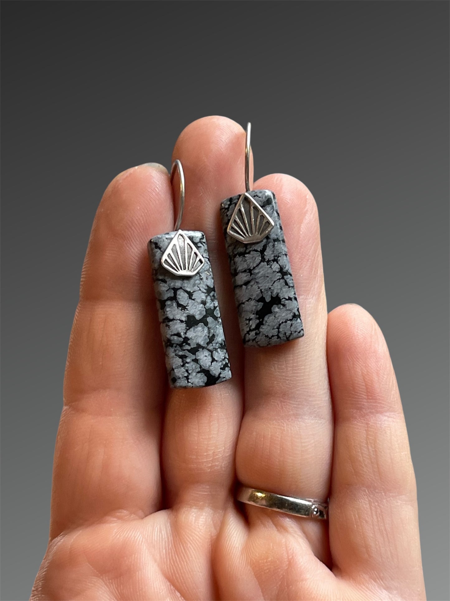 Snowflake Obsidian Stone Slice Earrings, Artisanal Silver Jewelry, Slow-Made Goods, Art Jewelry, Hand Fabricated Handmade Metalwork