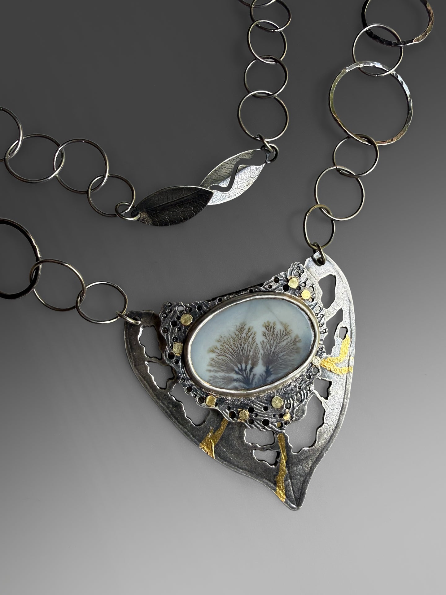 Dendritic Agate Locket Necklace with Keum-Boo