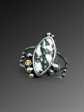 Artist-cut White Moss Agate Ring with Almandine Garnet, size 8