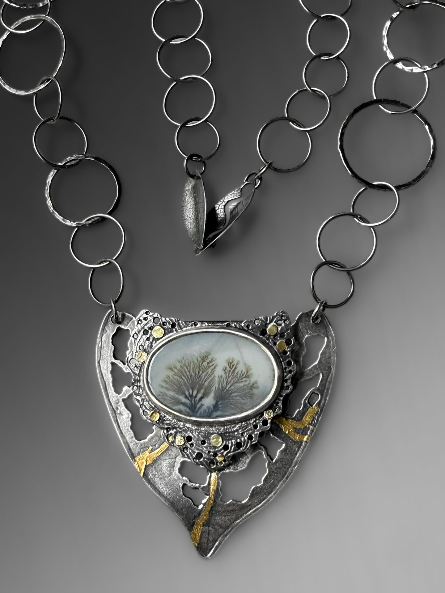 Dendritic Agate Locket Necklace with Keum-Boo