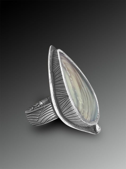 Imperial Jasper Ring with Patterned Band, Size 6.75, Artisanal Silver Jewelry, Slow-Made Goods, Art Jewelry, Hand Fabricated Handmade Metalwork