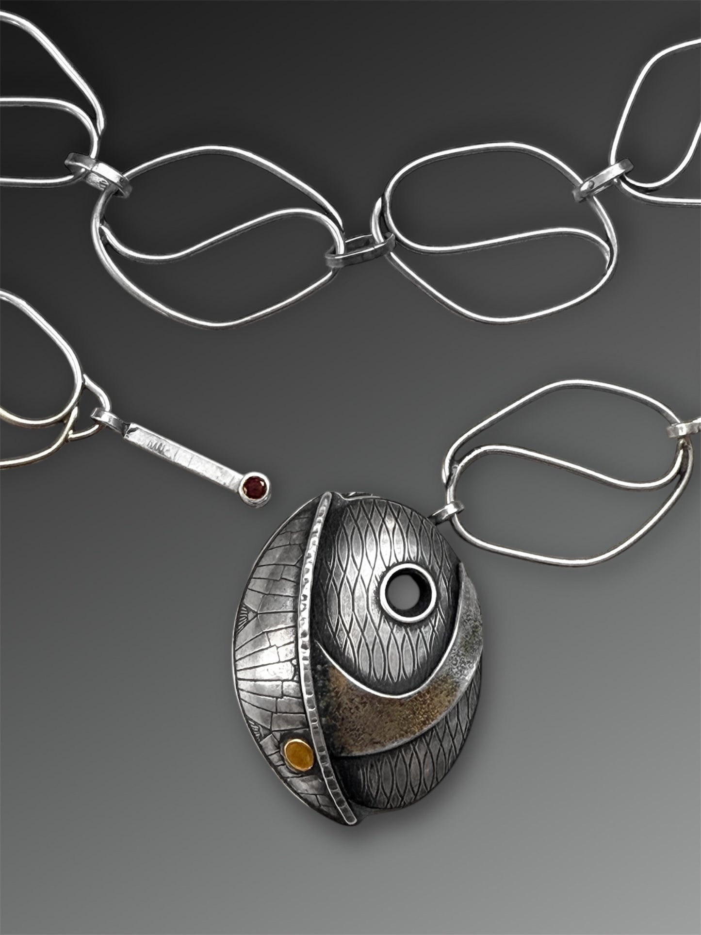 Hollow Form Hidden Compartment Necklace with Handmade Chain and Garnet Key Clasp