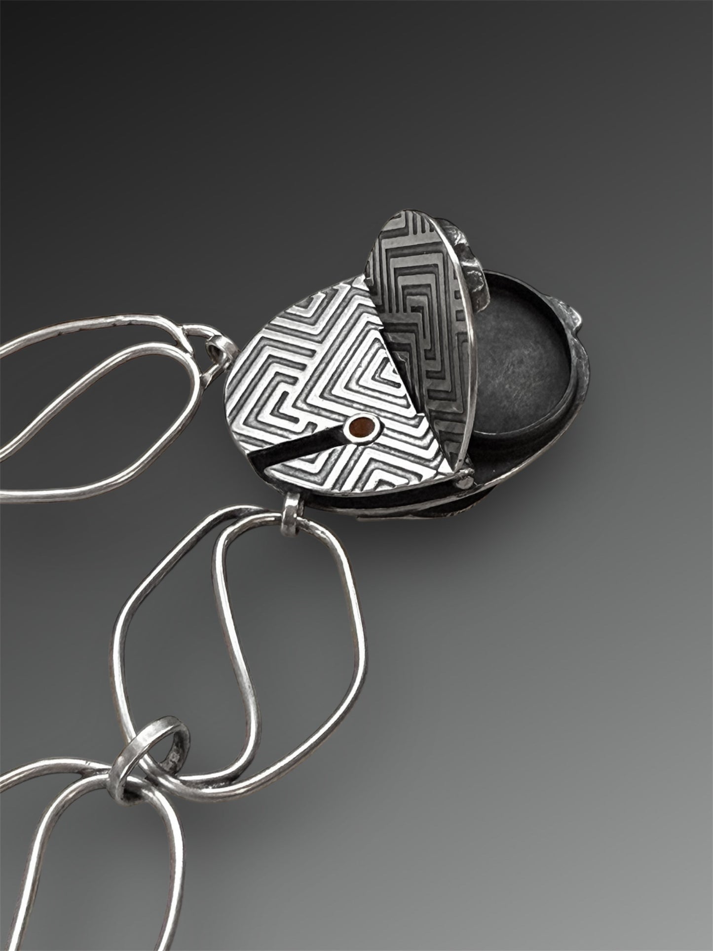 Hollow Form Hidden Compartment Necklace with Handmade Chain and Garnet Key Clasp