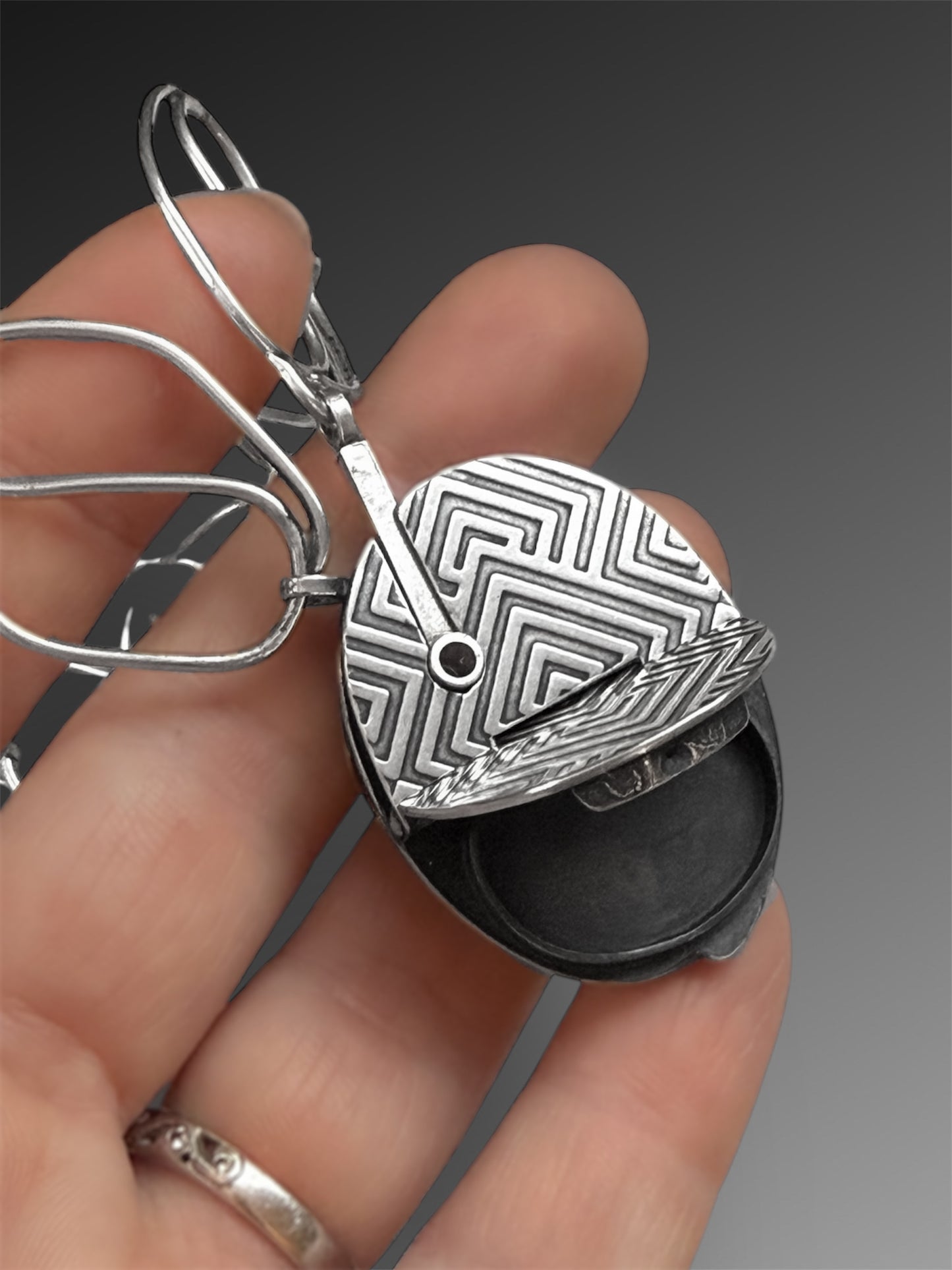 Hollow Form Hidden Compartment Necklace with Handmade Chain and Garnet Key Clasp