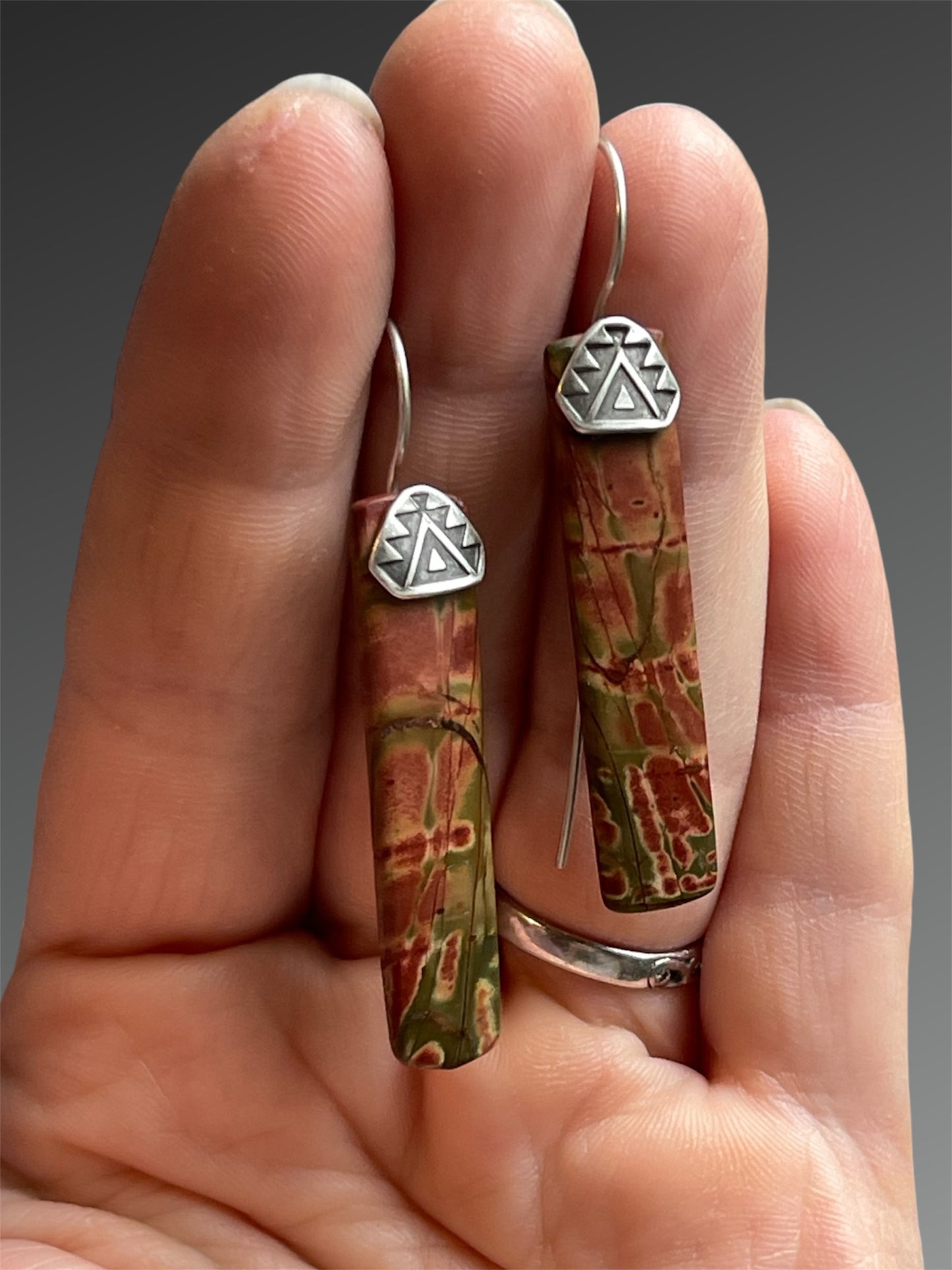 Red Creek Jasper Stone Slice Earrings, Artisanal Silver Jewelry, Slow-Made Goods, Art Jewelry, Hand Fabricated Handmade Metalwork