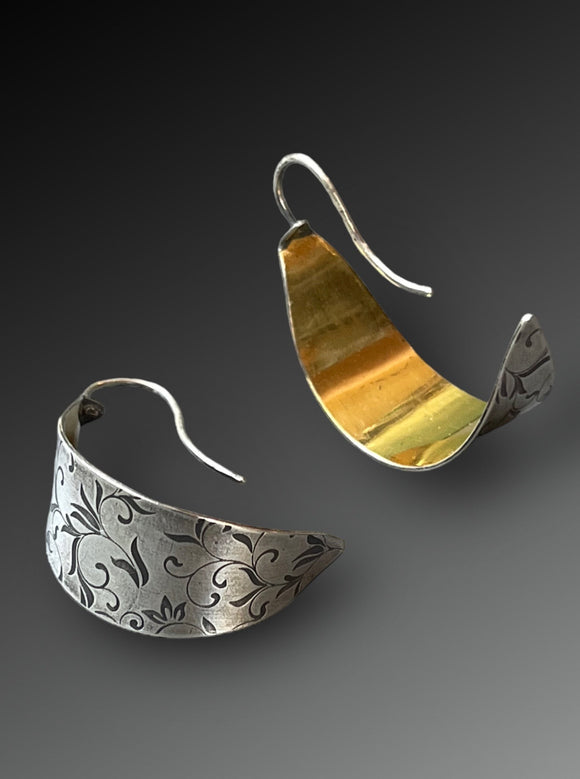 Gold-Lined Silver Half-Hoop Earrings with Lily Pattern