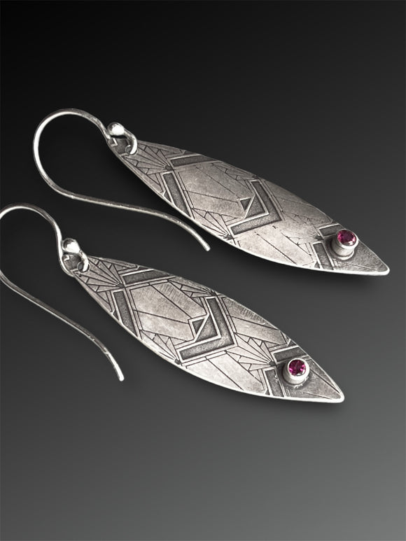 Art Deco Curved Leaf Earrings with Rhodolite Garnets