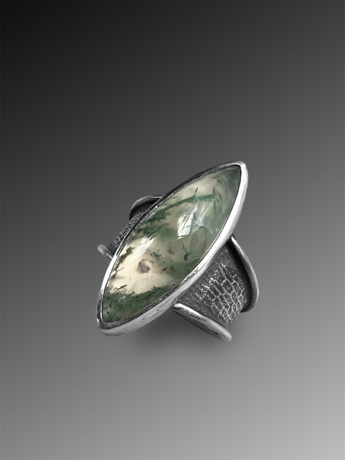 Moss Agate Ring with Heavy Flared Band, Size 7.75