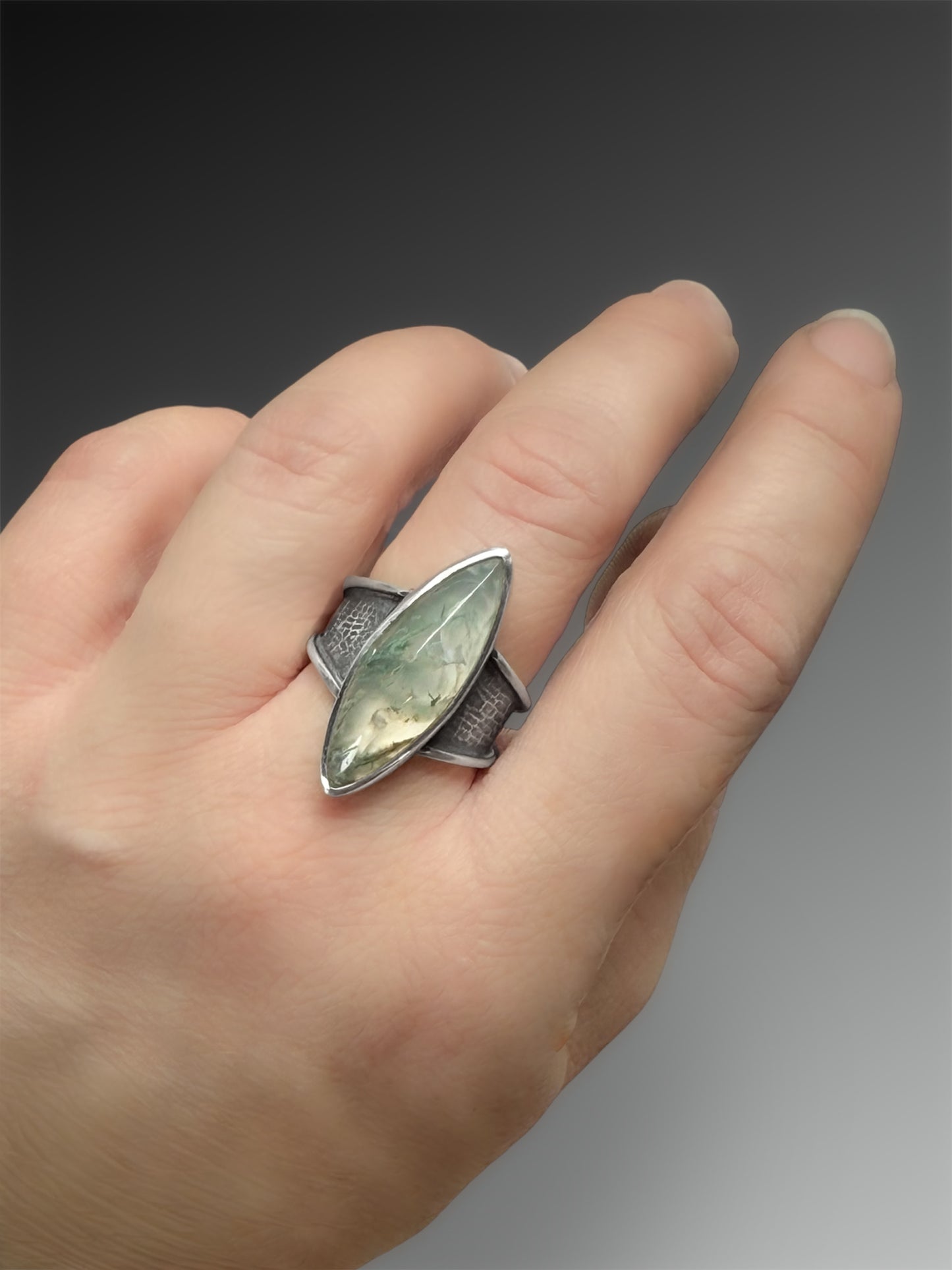 Moss Agate Ring with Heavy Flared Band, Size 7.75