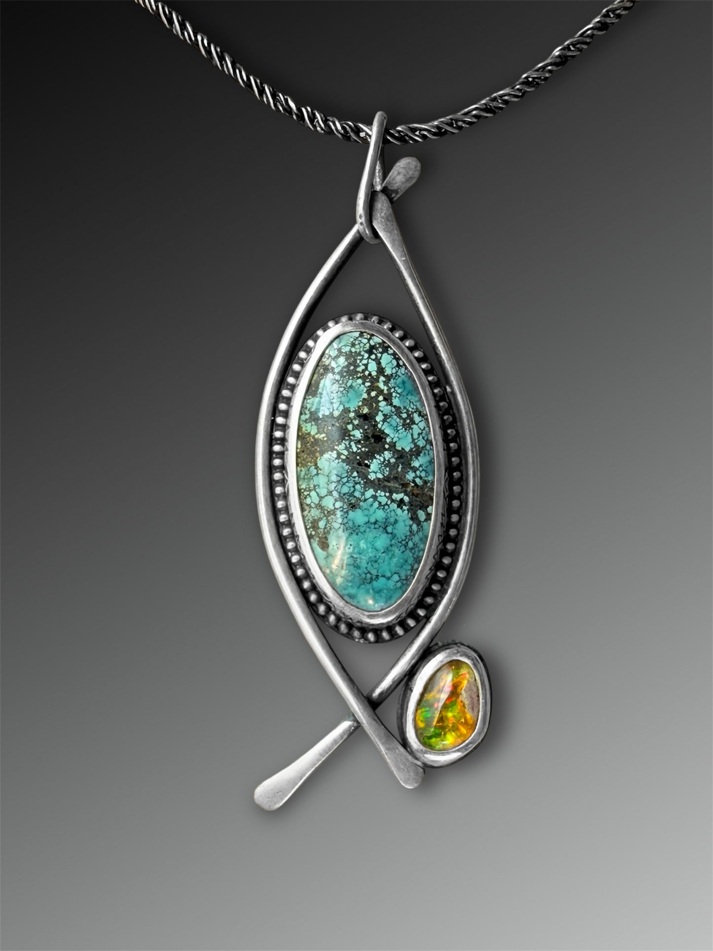 Hubei Turquoise Necklace with Cantera Opal and Cicada Wing Design on the Reverse