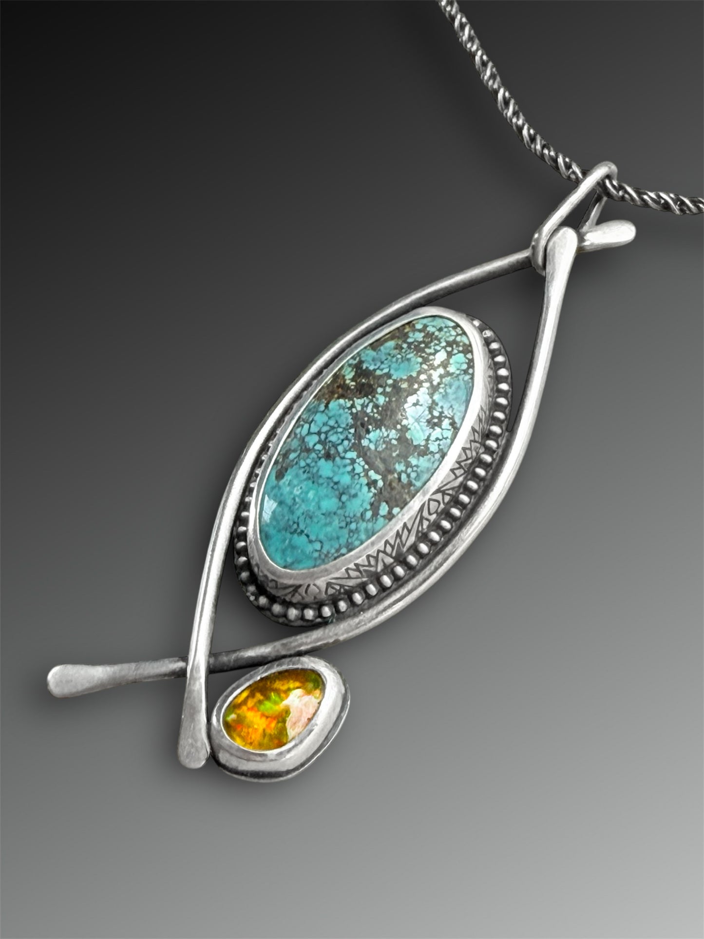 Hubei Turquoise Necklace with Cantera Opal and Cicada Wing Design on the Reverse