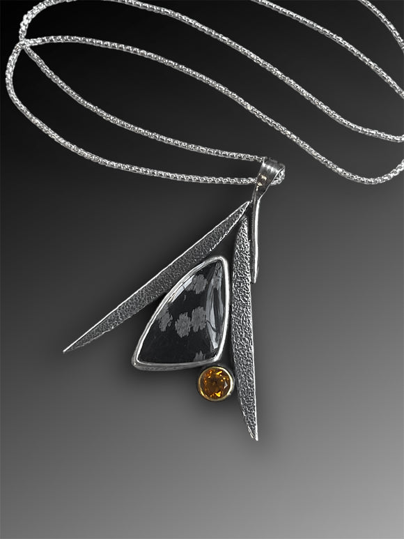 Snowflake Obsidian Necklace with Citrine in 18k Gold Bezel