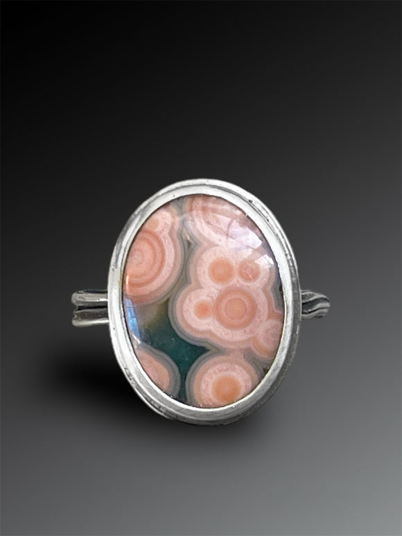 Pink and Green Old-Stock Ocean Jasper Ring, size 8