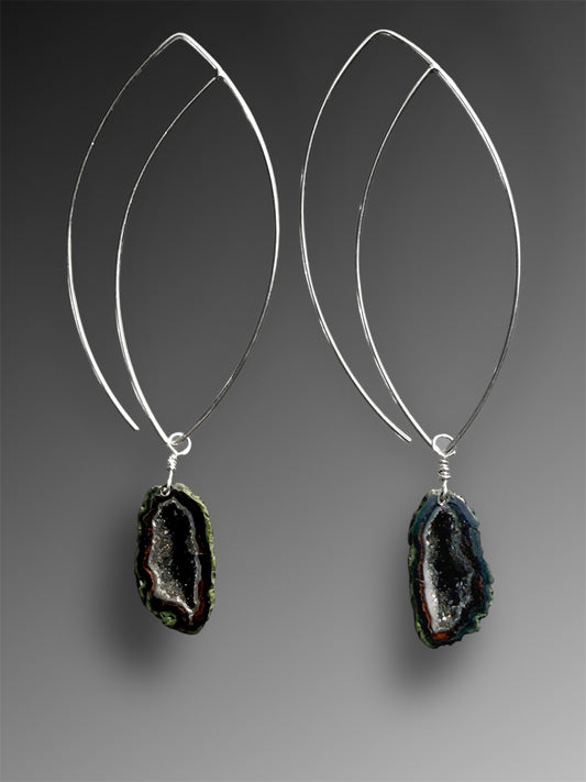 Long Crescent Hoop Earrings with Tabasco Geodes